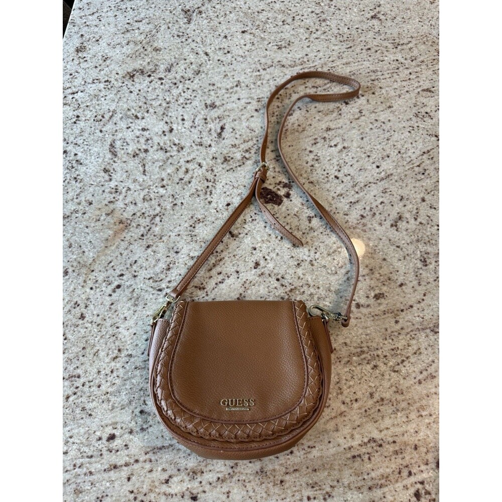GUESS Women's Small Crossbody Saddle Bag Caramel Pebbled